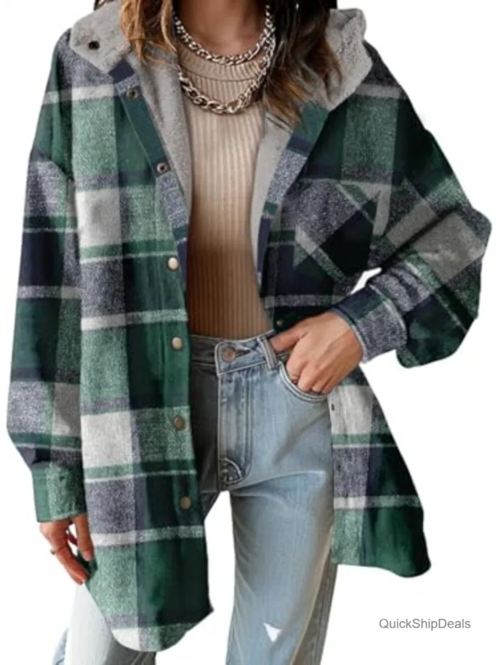 Dokotoo Flannel Hooded Plaid Shacket Thick Fleece Jacket